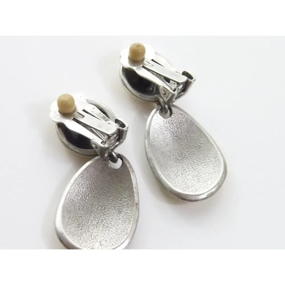 Vintage Silver Tone Cream Enamel Oval Drop Dangle Earrings Estate Jewelry